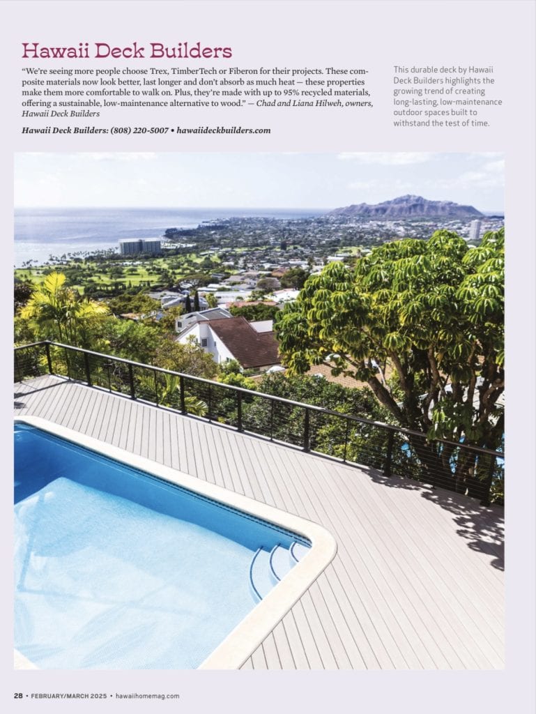 Custom pool deck by Hawaii Deck Builders featured in Trendsetters edition, highlighting Trex and TimberTech as popular low-maintenance materials in Hawaii.