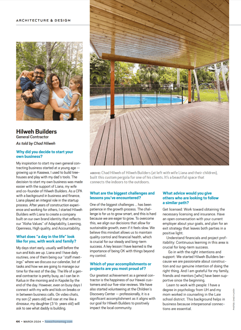Hilweh Builders family photo featured in Hawaii Home and Remodeling Magazine's Ohana Edition, showcasing a custom-built pergola and discussing family-owned construction business life in Oahu.