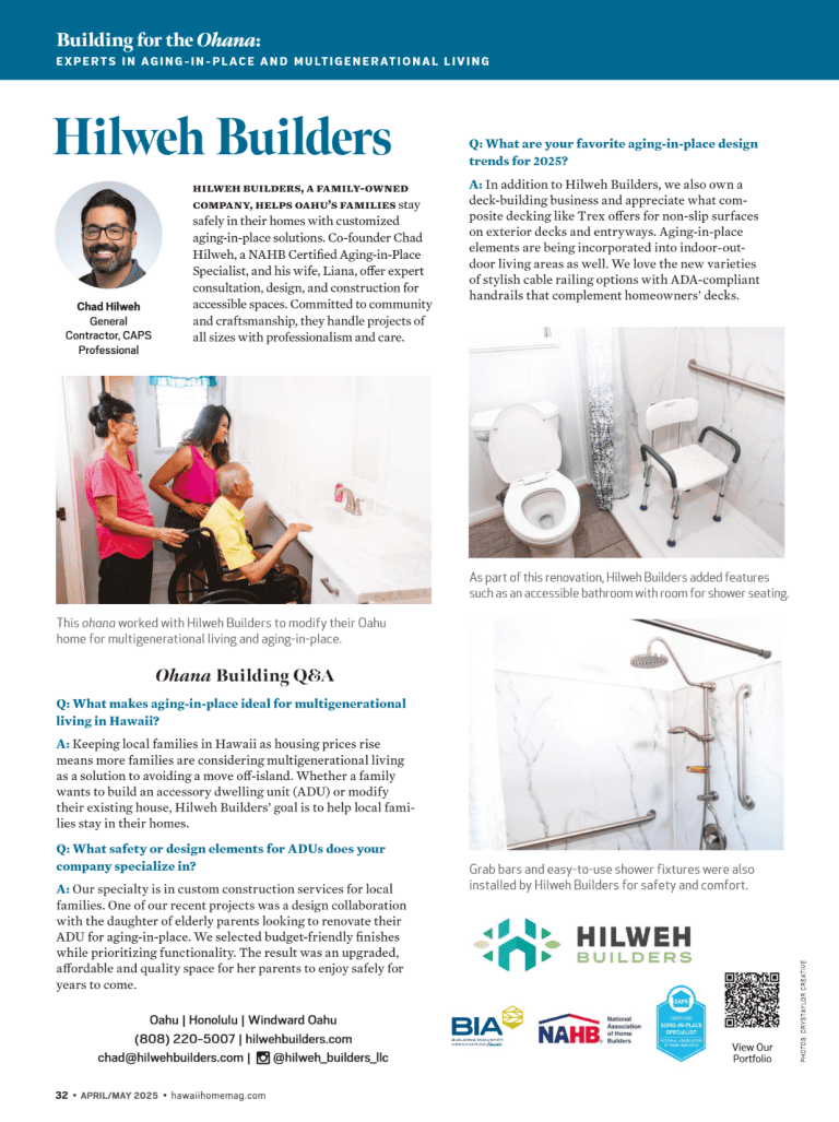 Hilweh Builders featured for aging-in-place bathroom remodels in Hawaii, discussing CAPS-certified expertise and Q&A guidance for homeowners.