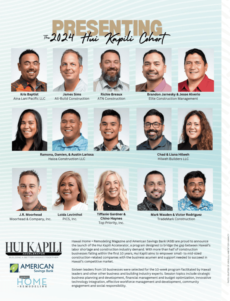 Hui Kapili Cohort group and headshots of Chad and Liana Hilweh of Hilweh Builders featured in Kitchen and Bath edition.
