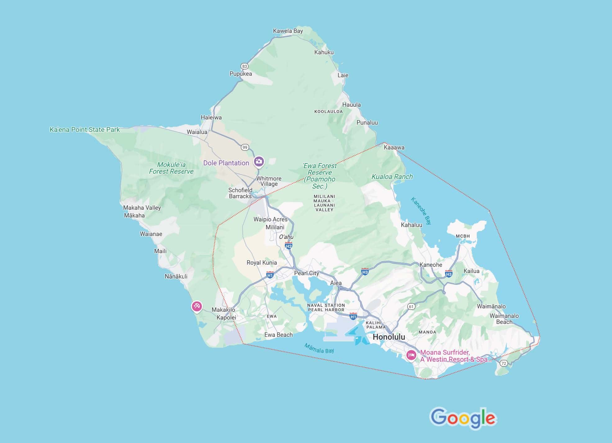 Google maps showing service area for Hawaii Deck Builders being primarily the greater Honolulu area and Windward side.