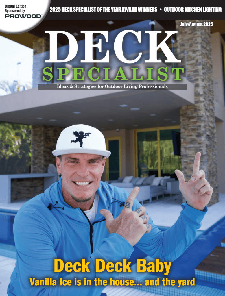 Cover of Deck Specialist magazine July/August 2025 featuring Vanilla Ice and a spotlight on Hawaii Deck Builders' outdoor living projects