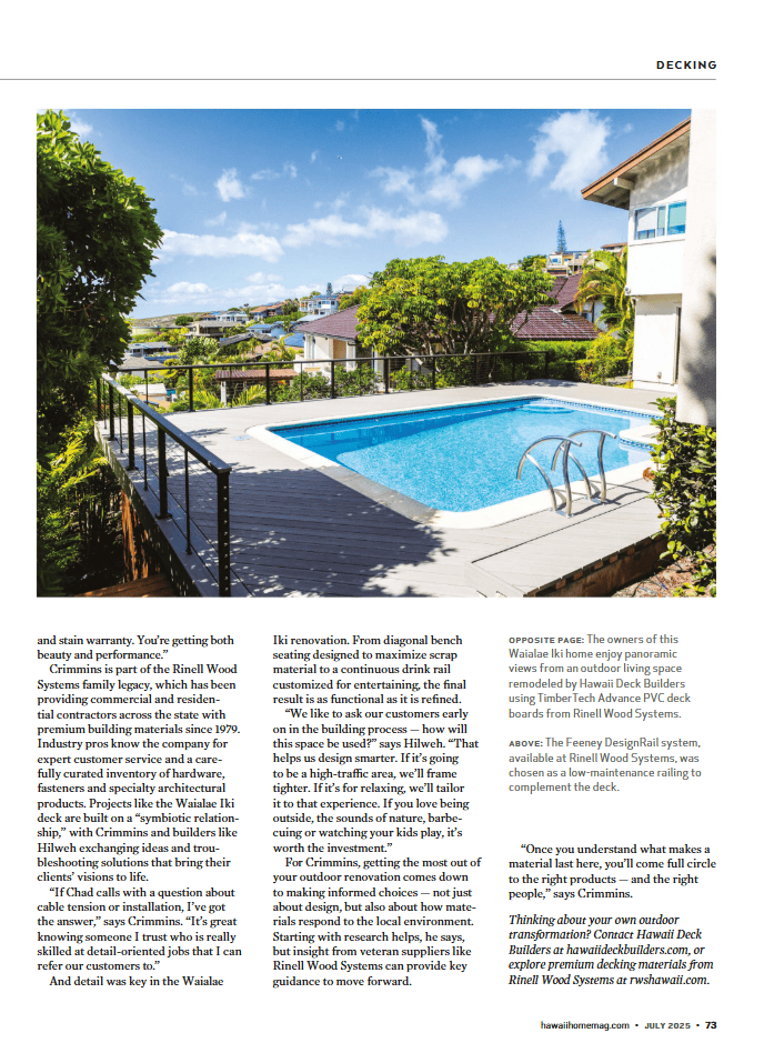 Panoramic view of a professionally remodeled pool deck in Waialae Iki, designed and built by Hawaii Deck Builders using TimberTech composite decking and custom railing. This award-nominated project showcases expert craftsmanship, weather-resistant materials, and seamless indoor-outdoor living for Hawaii homes.