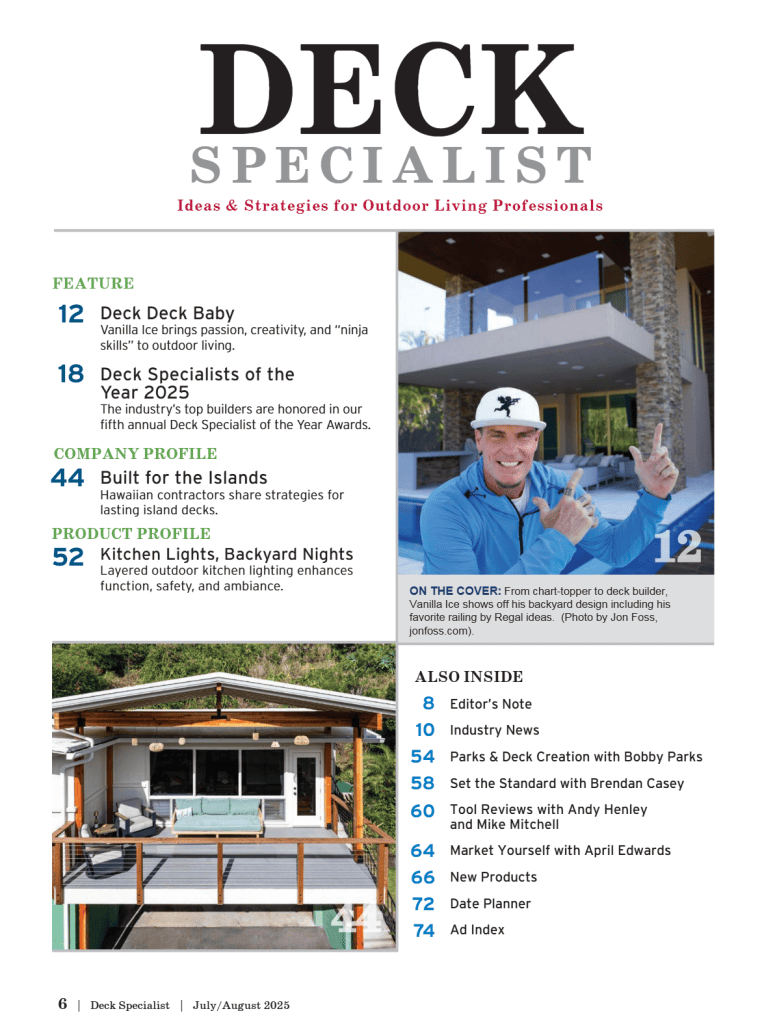 Modern Trex deck with cable railing by Hawaii Deck Builders featured in the July/August 2025 issue of Deck Specialist magazine as part of the “Built for the Islands” company profile