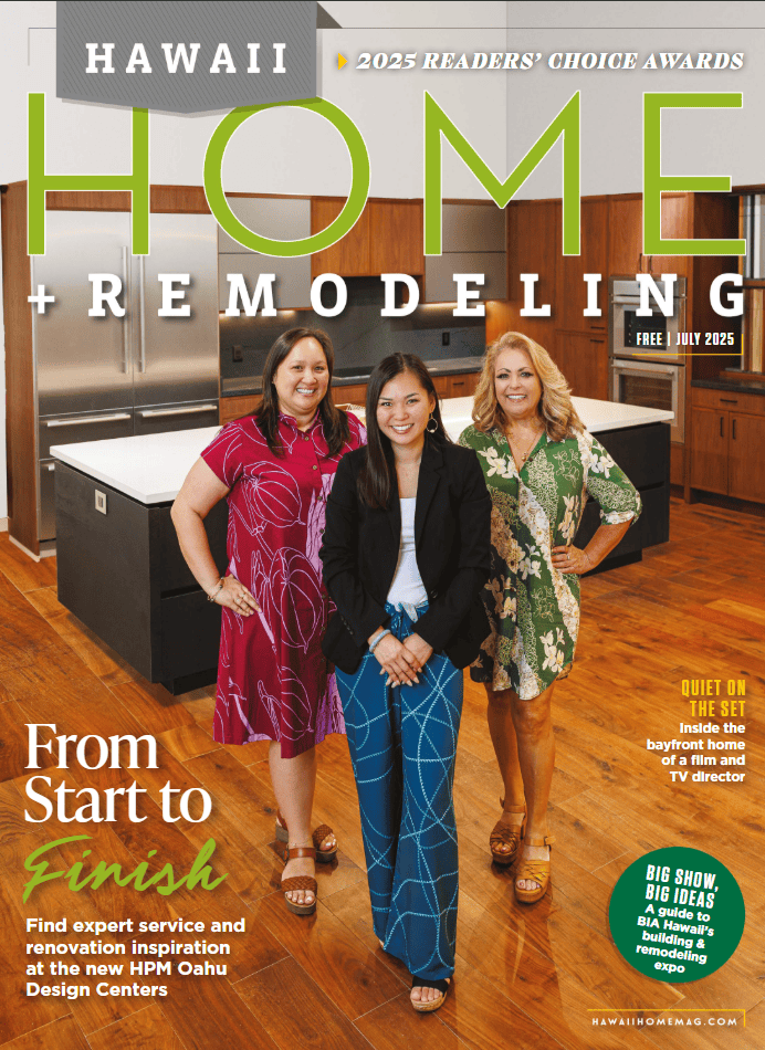 Cover of the July 2025 edition of Hawaii Home + Remodeling Magazine, featuring the 2025 Readers’ Choice Awards, where Hilweh Builders was named Aging in Place Expert winner and Hawaii Deck Builders was recognized as a Decks and Lanais finalist.