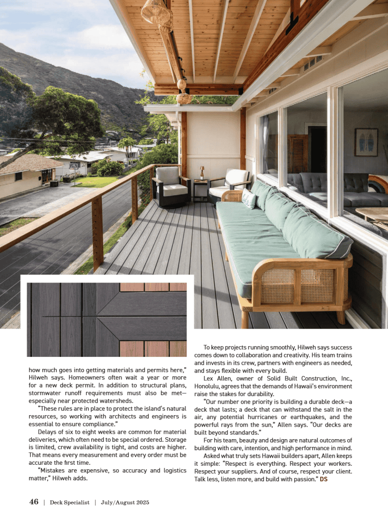Modern Trex deck built by Hawaii Deck Builders by Hilweh Builders featuring Pebble Grey Deck Boards and Custom Ipe Railing - overlooking lush mountain views, featured in Deck Specialist magazine July/August 2025