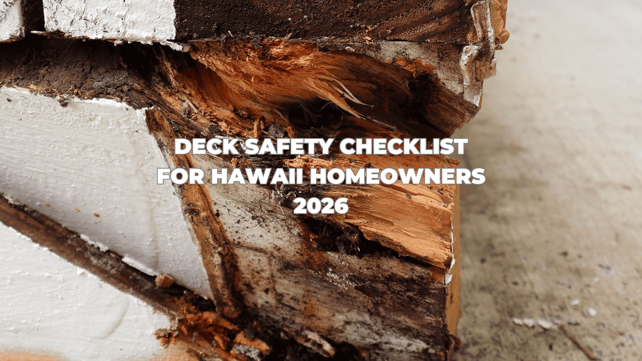 Photo of a rotten deck with the caption "Deck Safety Checklist for Hawaii Homeowners 2026"