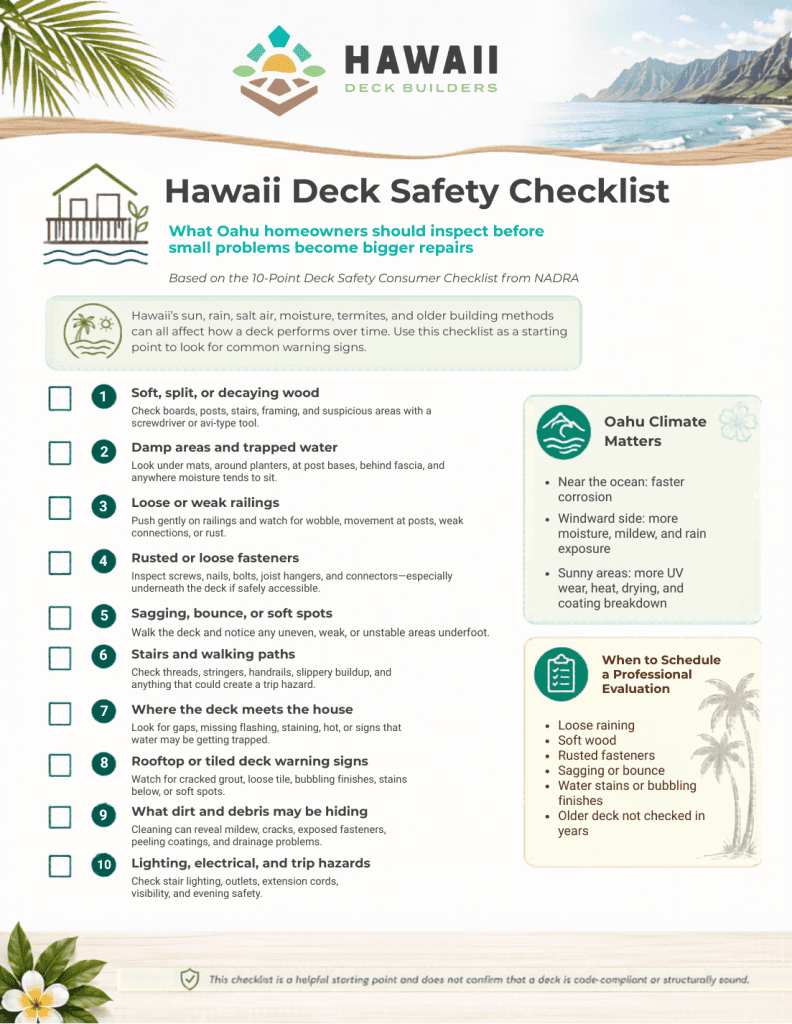 One-page Hawaii Deck Builders branded deck safety checklist for Oahu homeowners. The checklist includes 10 items to inspect, including decaying wood, trapped moisture, loose railings, rusted fasteners, sagging or soft spots, stairs, deck-to-house connections, rooftop or tiled deck warning signs, hidden debris damage, and lighting or trip hazards. The design includes Hawaii coastal branding, climate notes for ocean, Windward, and sunny areas, and a reminder to schedule a professional evaluation for serious warning signs.