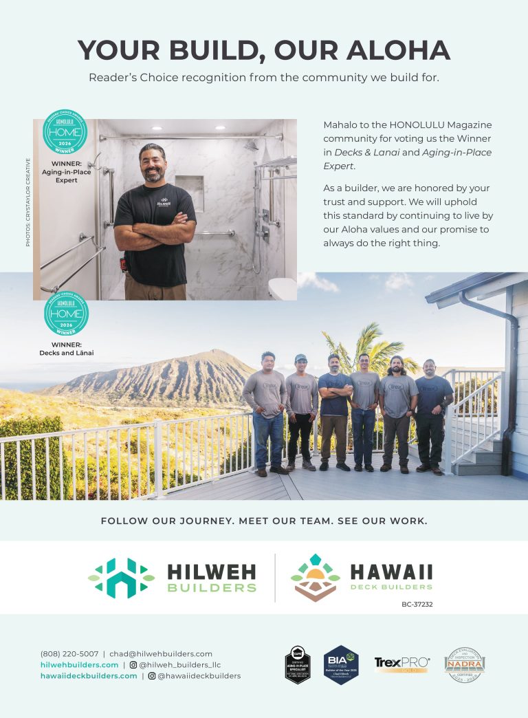 Honolulu Magazine 2026 Readers’ Choice feature highlighting Hawaii Deck Builders as a winner, with a photo of Chad in a bathroom, the team on a deck, and a message thanking the community for their support.