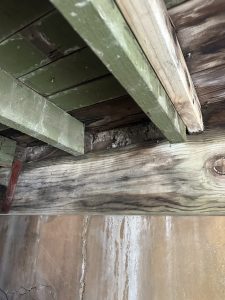 Showing what a deck substructure looks like under a pool area where you can see mineral deposits and overall deterioration that happens over time.