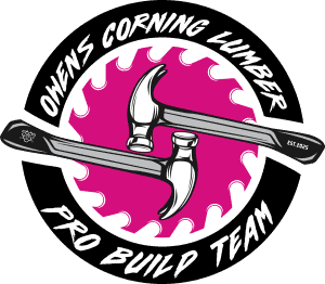 Owens Corning Lumber Pro Build Team logo with Pink Panther branding.